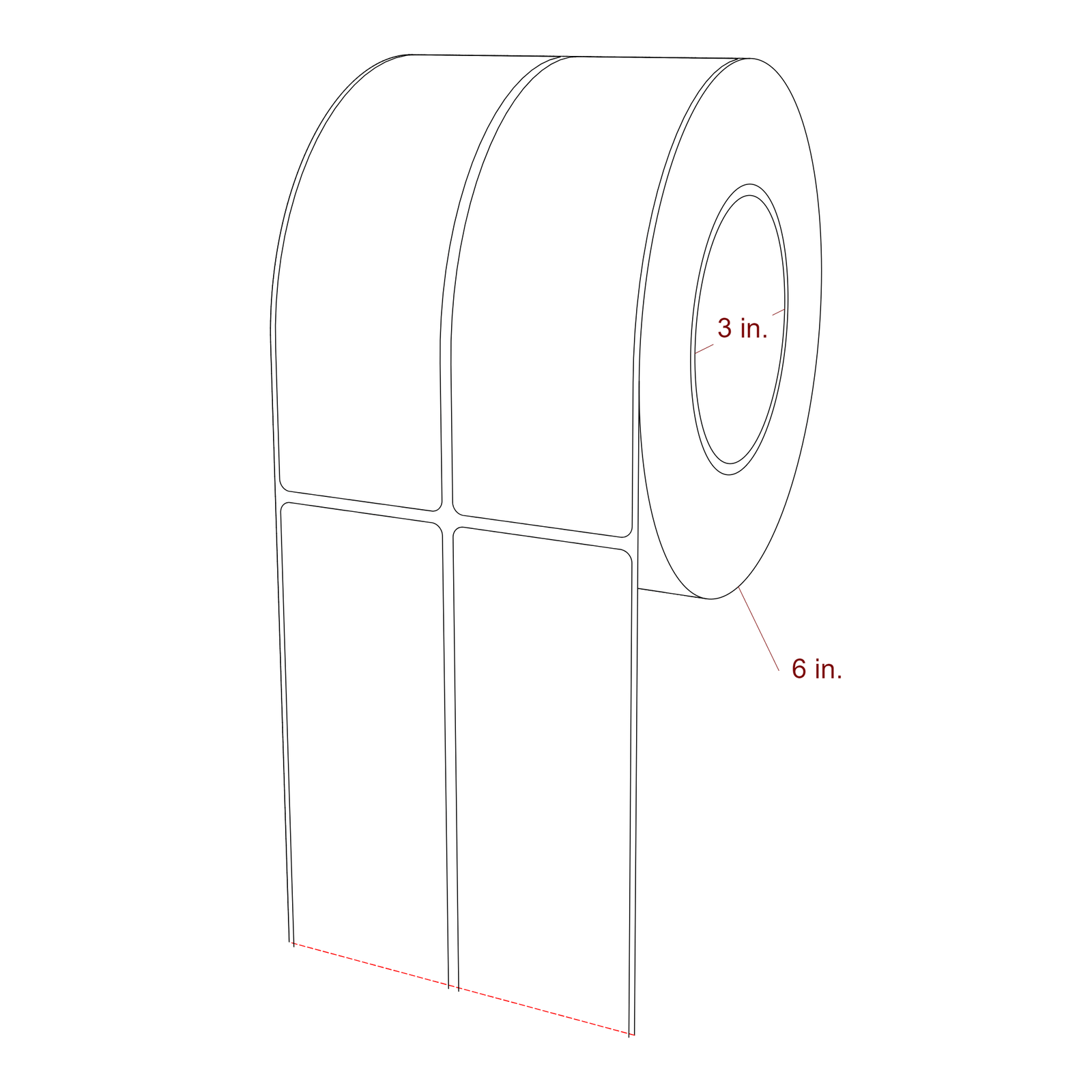 2 Inch x 6.25 Inch Rectangle Inkjet Label Roll - 3 Inch Core - 6 Inch Roll OD - 2Up - 3D Perspective