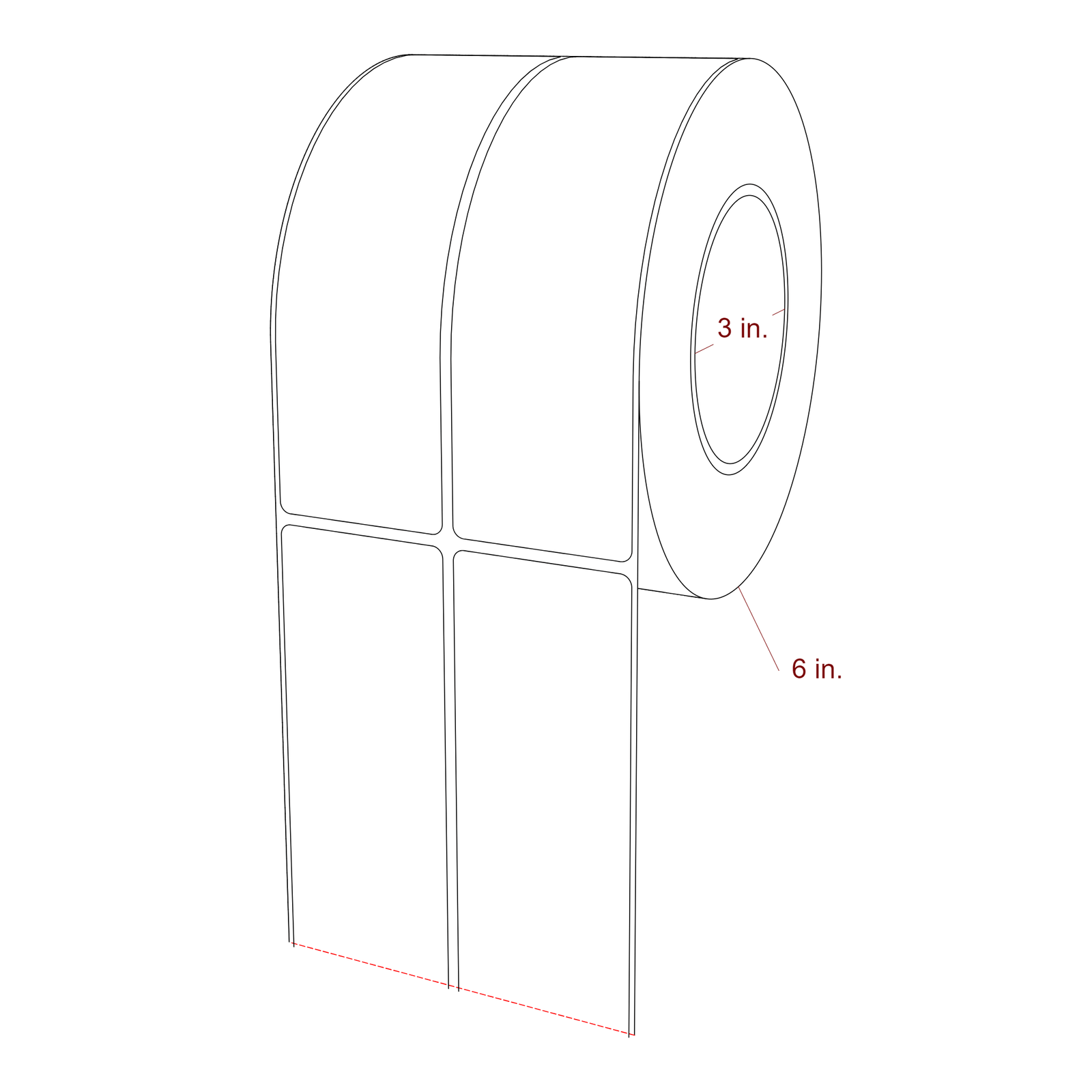 2 Inch x 6.5 Inch Rectangle Inkjet Label Roll - 3 Inch Core - 6 Inch Roll OD - 2Up - 3D Perspective
