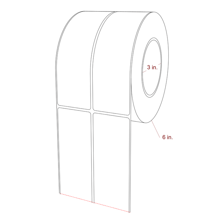 2 Inch x 6.5 Inch Rectangle Inkjet Label Roll - 3 Inch Core - 6 Inch Roll OD - 2Up - 3D Perspective