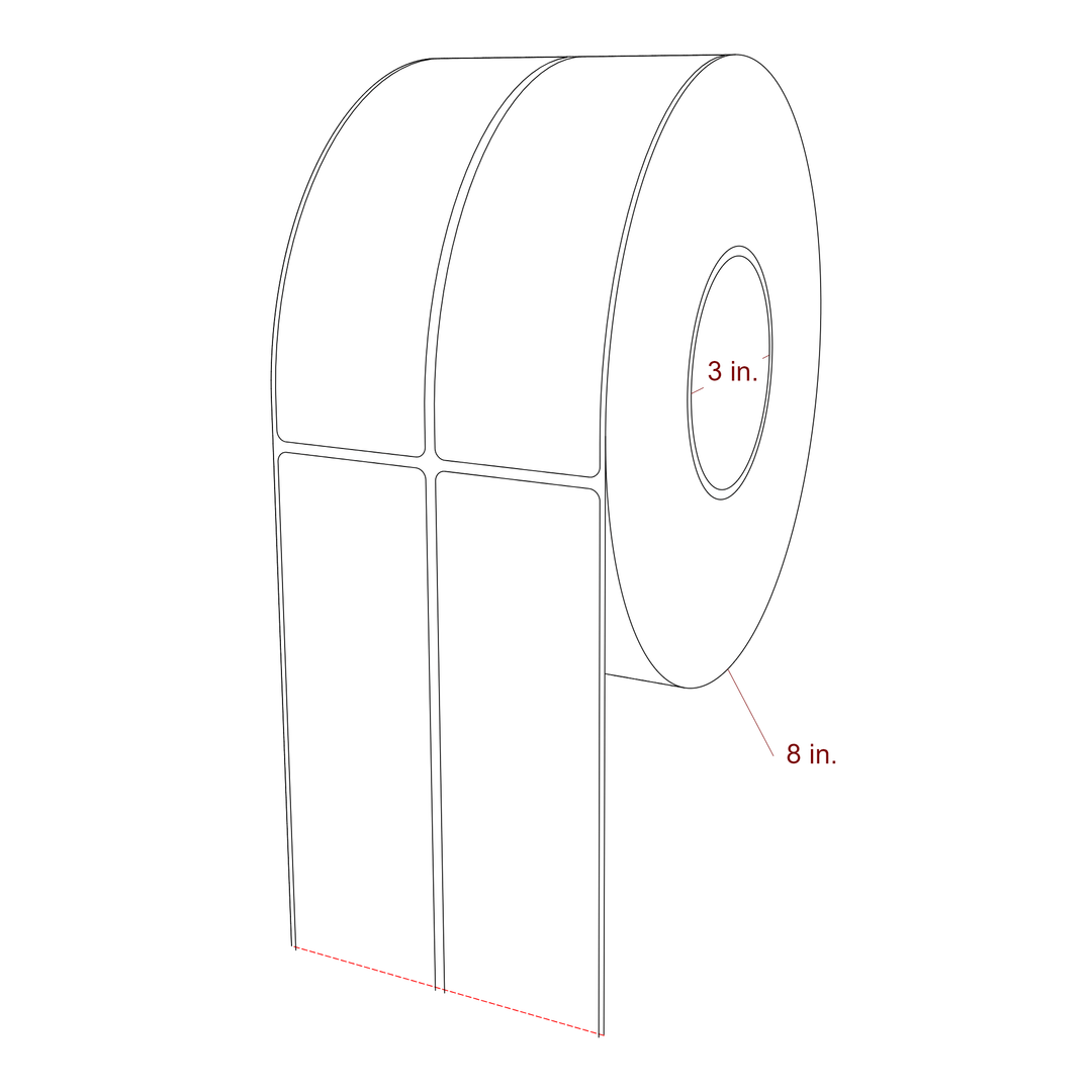 2 Inch x 6.5 Inch Rectangle Inkjet Label Roll - 3 Inch Core - 8 Inch Roll OD - 2Up - 3D Perspective