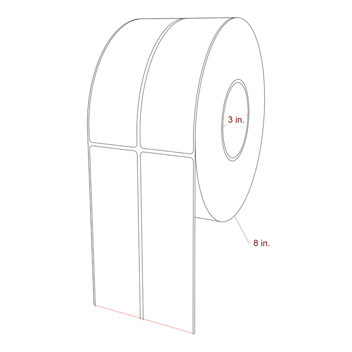 2 Inch x 6.5 Inch Rectangle Inkjet Label Roll - 3 Inch Core - 8 Inch Roll OD - 2Up - 3D Perspective