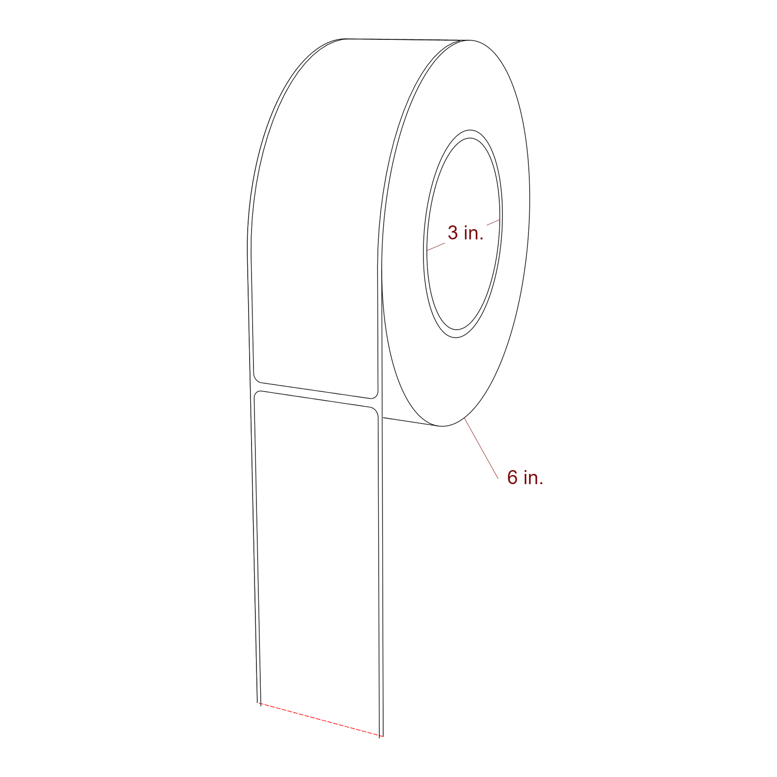 2 Inch x 6.5 Inch Rectangle Inkjet Label Roll - 3 Inch Core - 6 Inch Roll OD - 3D Perspective