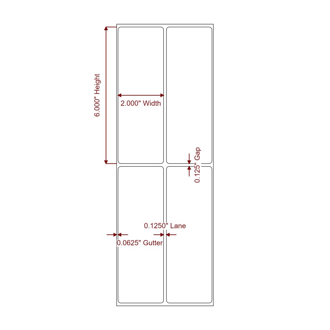 2 Inch x 6 Inch Rectangle Inkjet Label Roll - 2Up - 2D Drawing