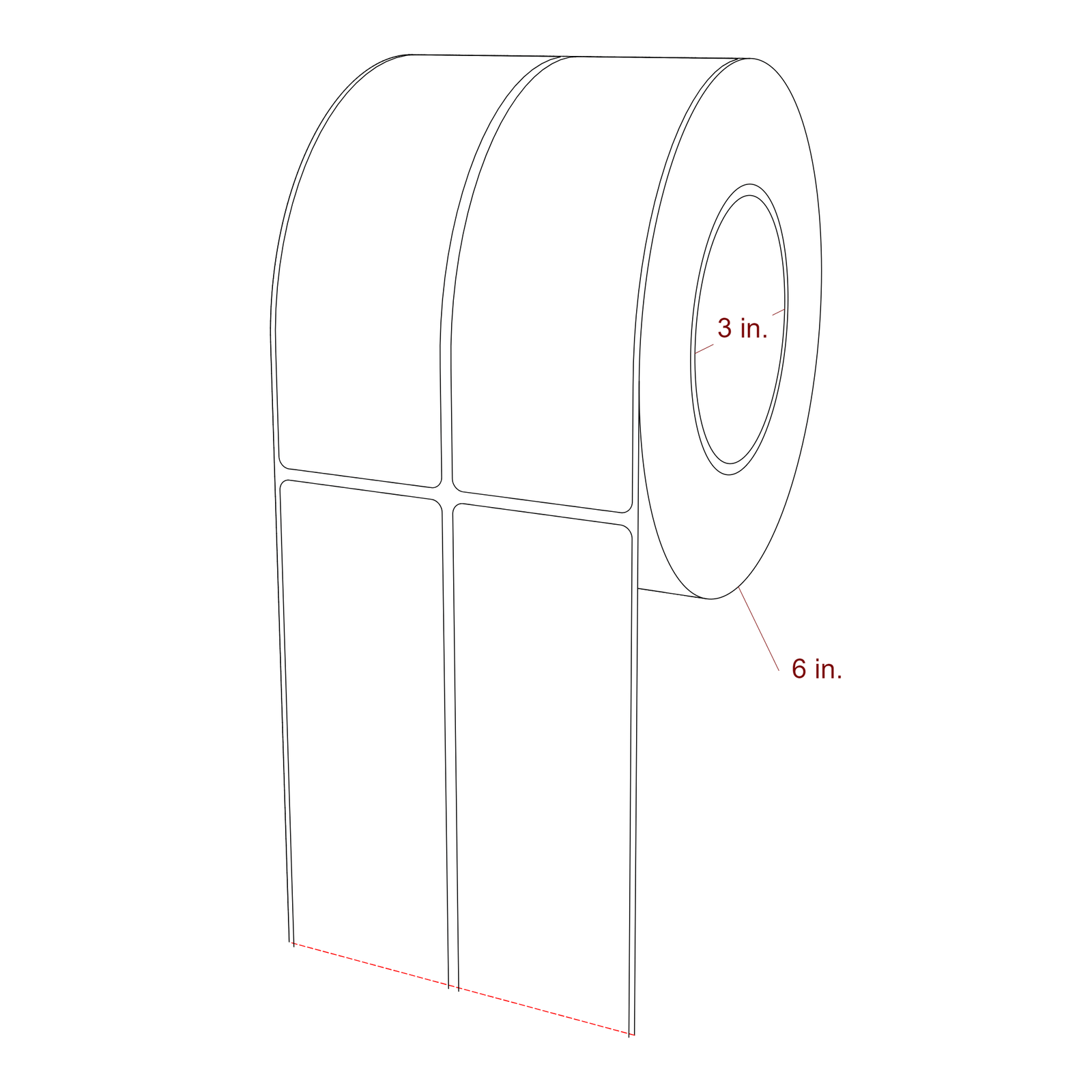2 Inch x 6 Inch Rectangle Inkjet Label Roll - 3 Inch Core - 6 Inch Roll OD - 2Up - 3D Perspective