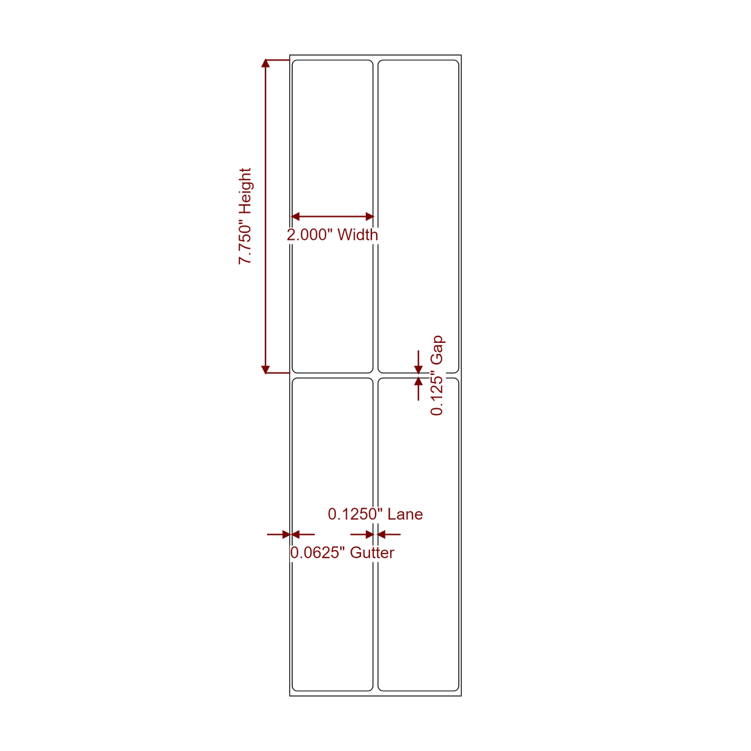 2 Inch x 7.75 Inch Rectangle Inkjet Label Roll - 2Up - 2D Drawing