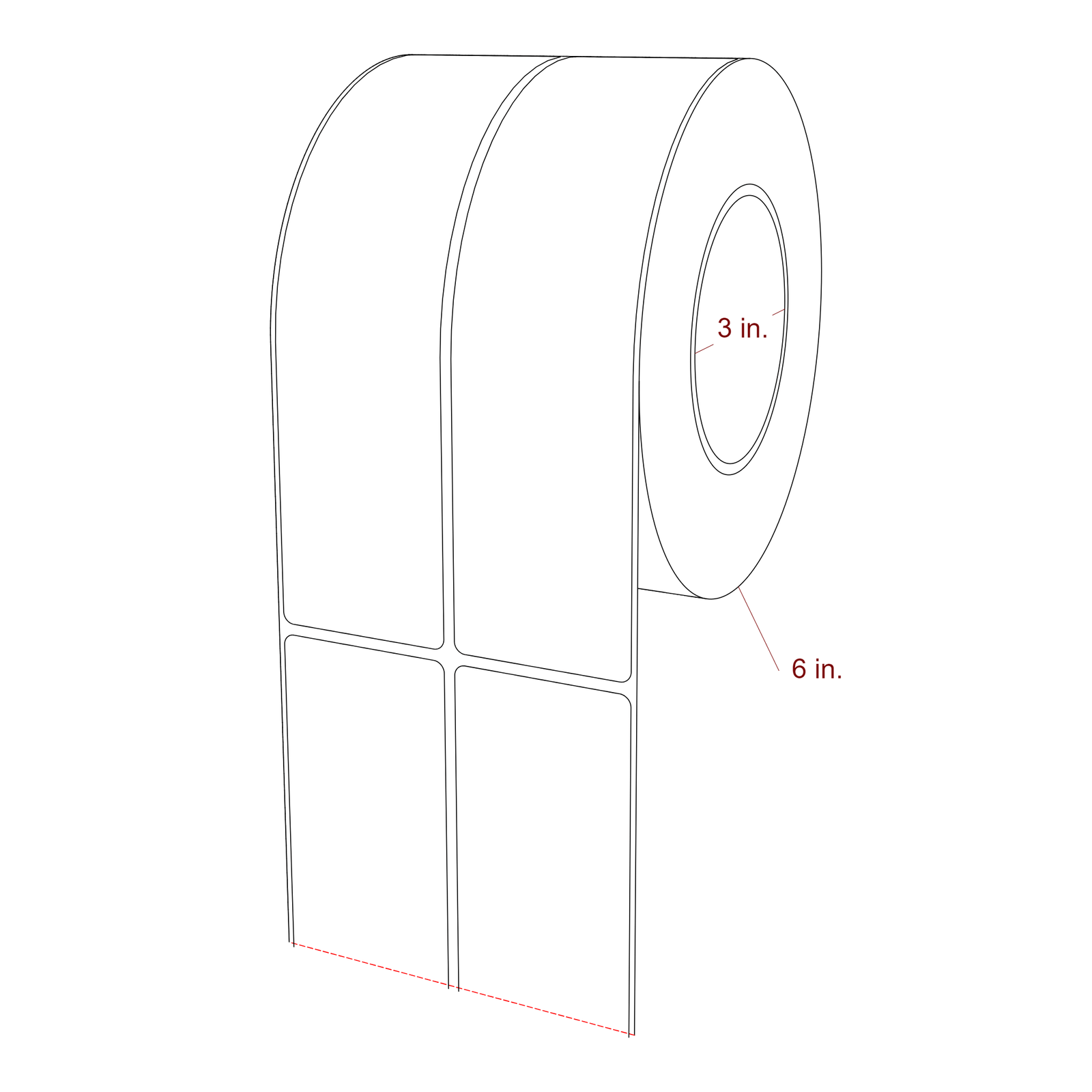 2 Inch x 7.75 Inch Rectangle Inkjet Label Roll - 3 Inch Core - 6 Inch Roll OD - 2Up - 3D Perspective