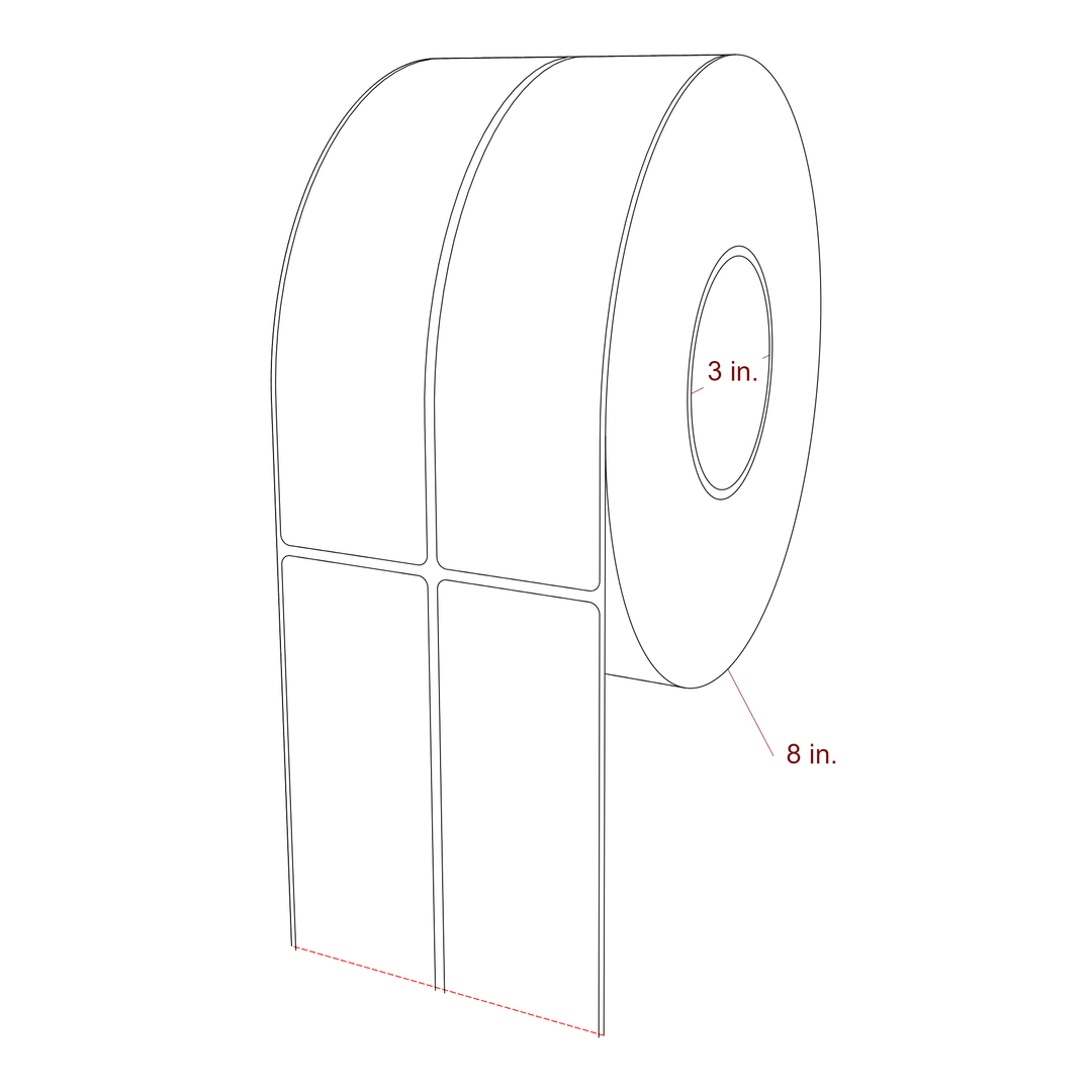2 Inch x 7.75 Inch Rectangle Inkjet Label Roll - 3 Inch Core - 8 Inch Roll OD - 2Up - 3D Perspective