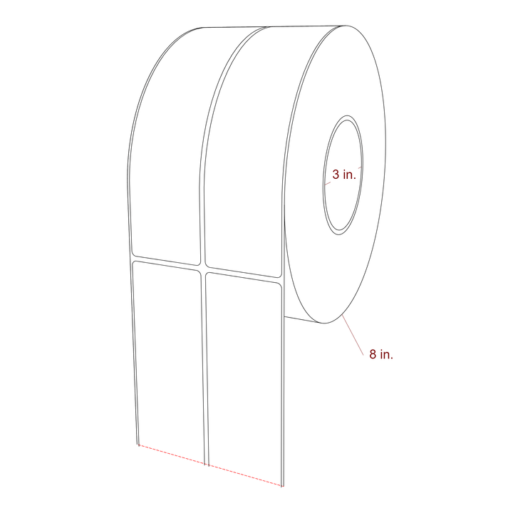 2 Inch x 7.75 Inch Rectangle Inkjet Label Roll - 3 Inch Core - 8 Inch Roll OD - 2Up - 3D Perspective
