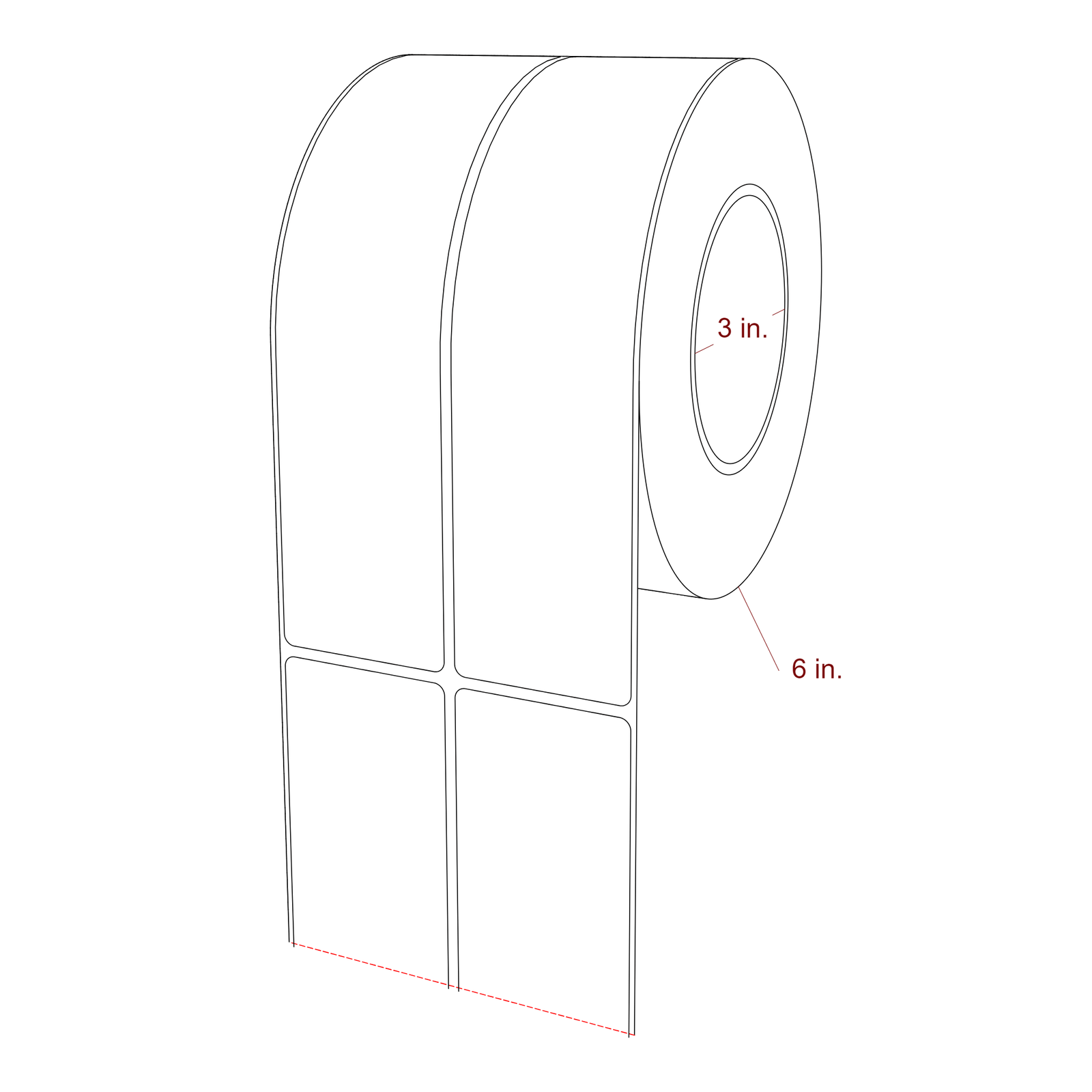 2 Inch x 8 Inch Rectangle Inkjet Label Roll - 3 Inch Core - 6 Inch Roll OD - 2Up - 3D Perspective