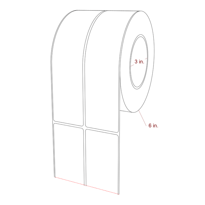 2 Inch x 8 Inch Rectangle Inkjet Label Roll - 3 Inch Core - 6 Inch Roll OD - 2Up - 3D Perspective