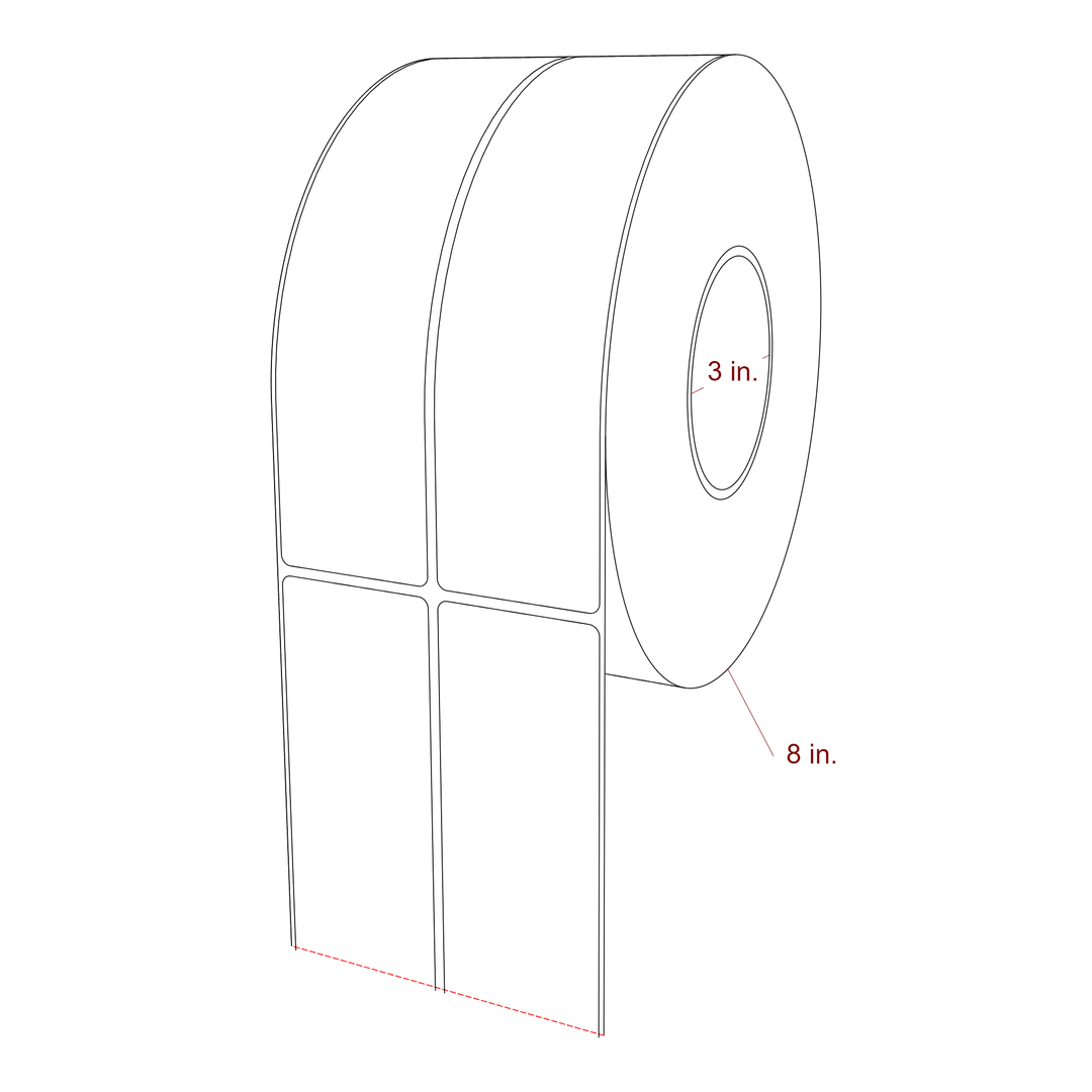 2 Inch x 8 Inch Rectangle Inkjet Label Roll - 3 Inch Core - 8 Inch Roll OD - 2Up - 3D Perspective