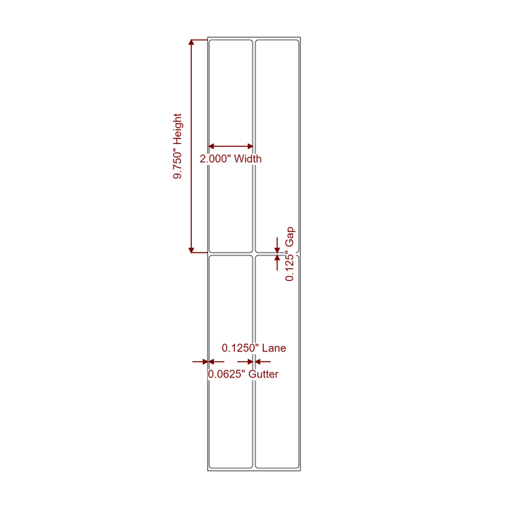 2 Inch x 9.75 Inch Rectangle Inkjet Label Roll - 2Up - 2D Drawing