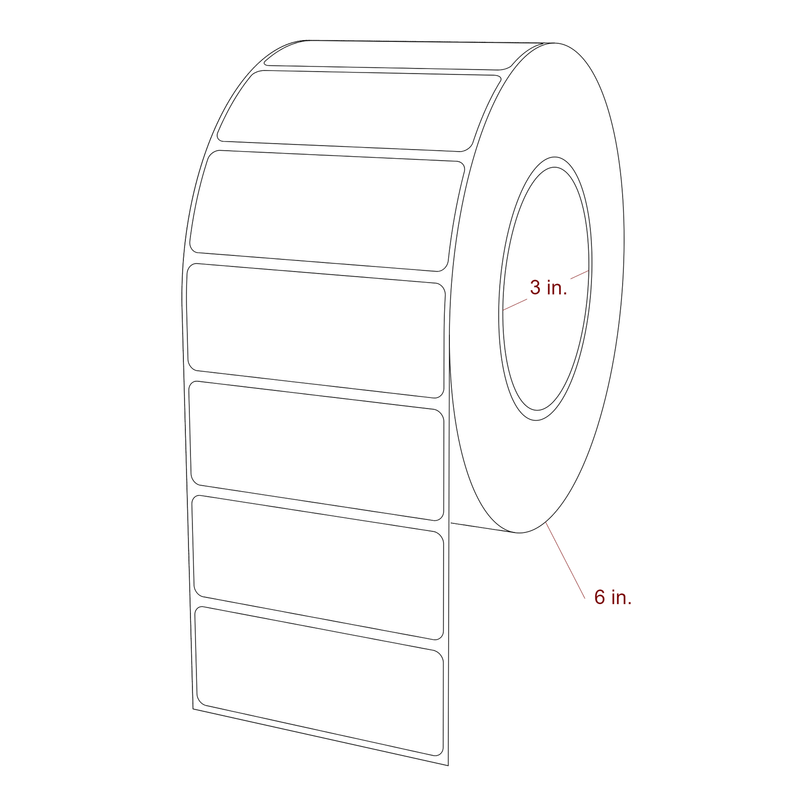 3.25 Inch x 1.25 Inch Rectangle Inkjet Label Roll - 3 Inch Core - 6 Inch Roll OD - 3D Perspective