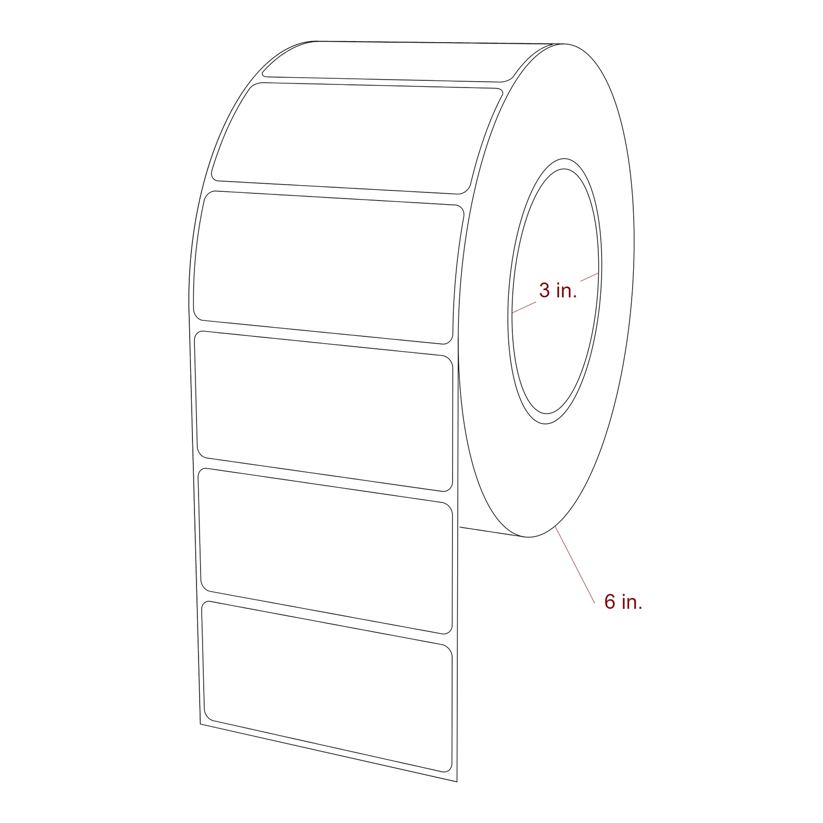 3.25 Inch x 1.5 Inch Rectangle Inkjet Label Roll - 3 Inch Core - 6 Inch Roll OD - 3D Perspective