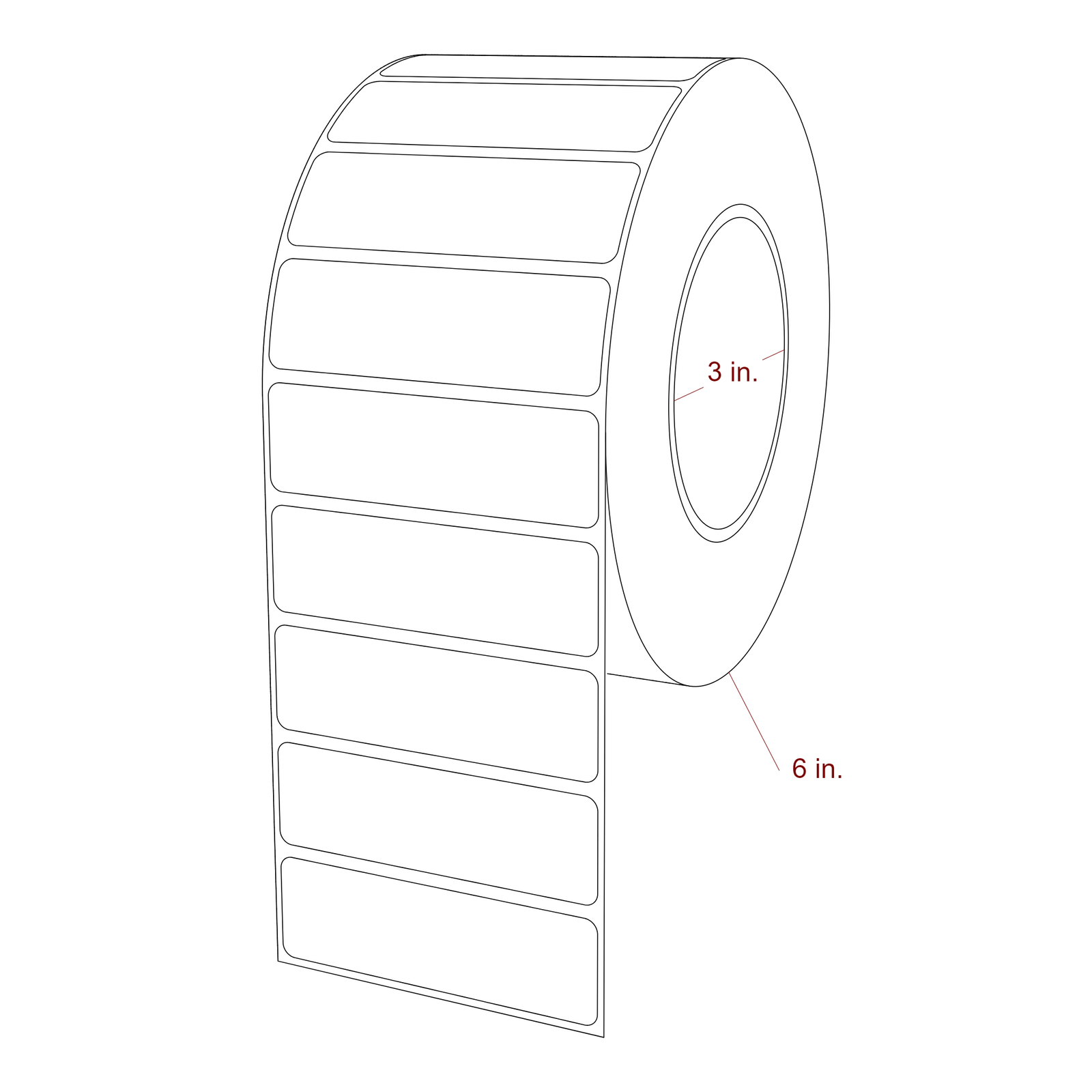 3.25 Inch x 1 Inch Rectangle Inkjet Label Roll - 3 Inch Core - 6 Inch Roll OD - 3D Perspective