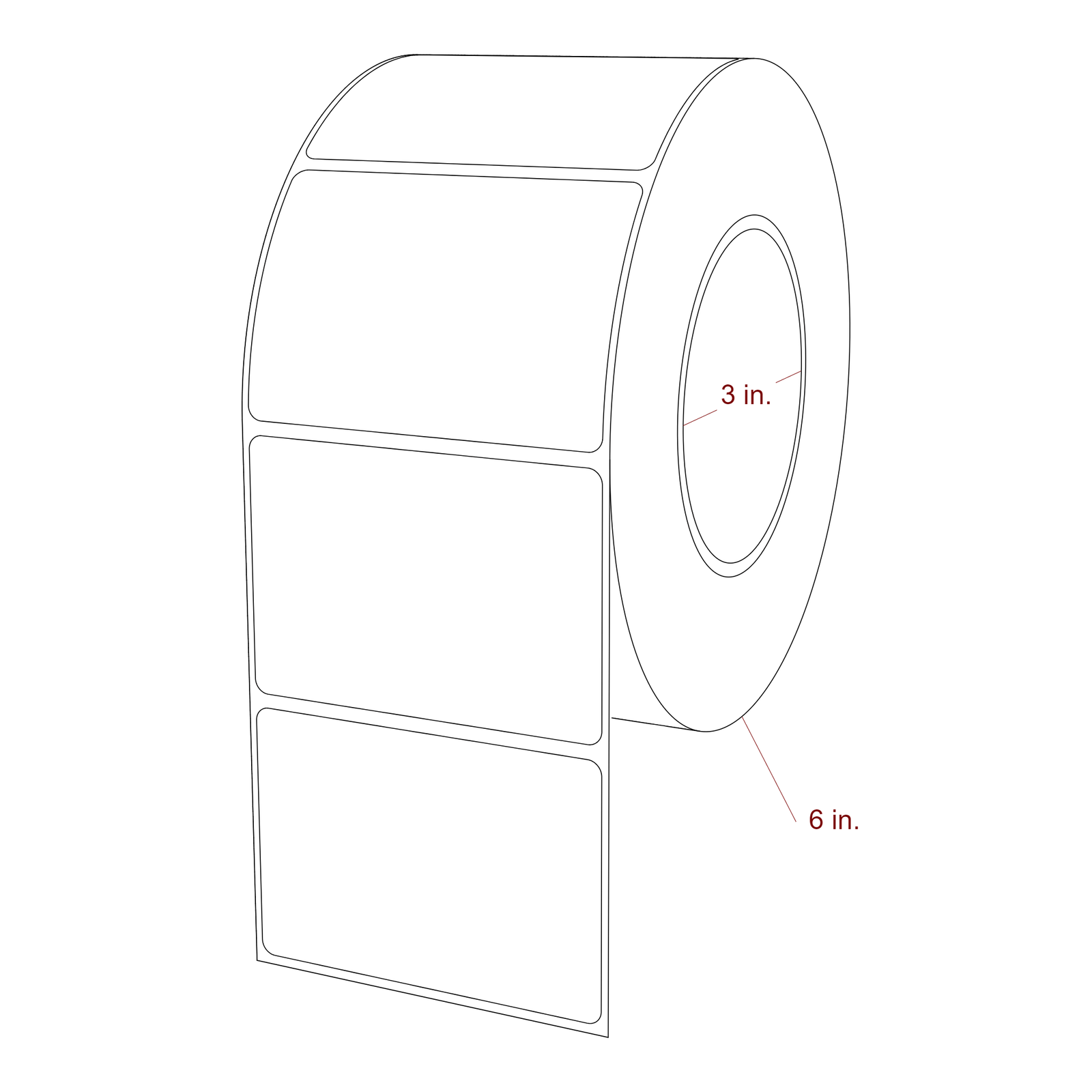 3.25 Inch x 2.25 Inch Rectangle Inkjet Label Roll - 3 Inch Core - 6 Inch Roll OD - 3D Perspective