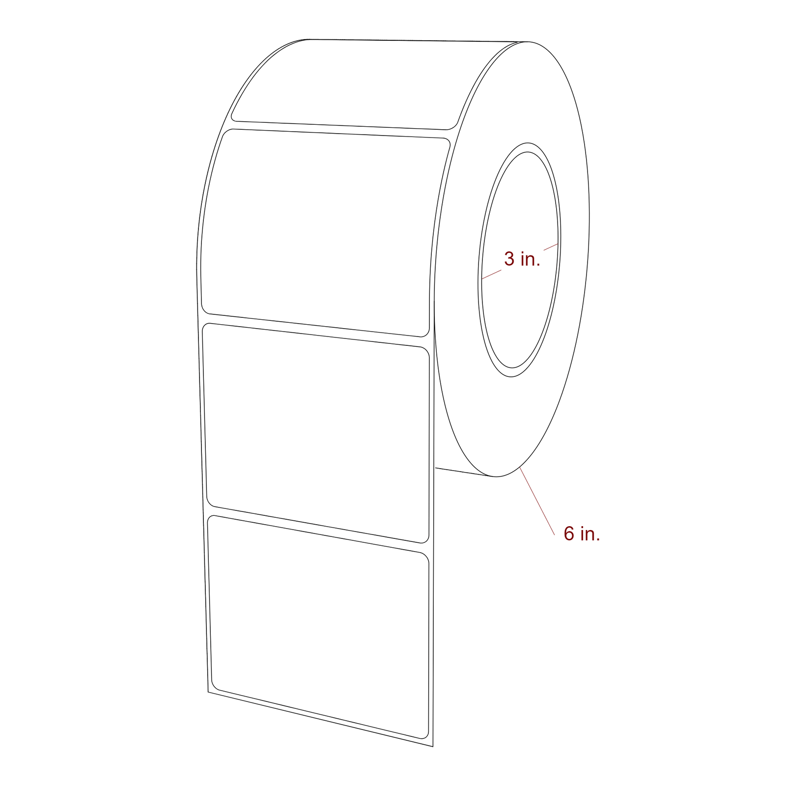 3.25 Inch x 2.5 Inch Rectangle Inkjet Label Roll - 3 Inch Core - 6 Inch Roll OD - 3D Perspective