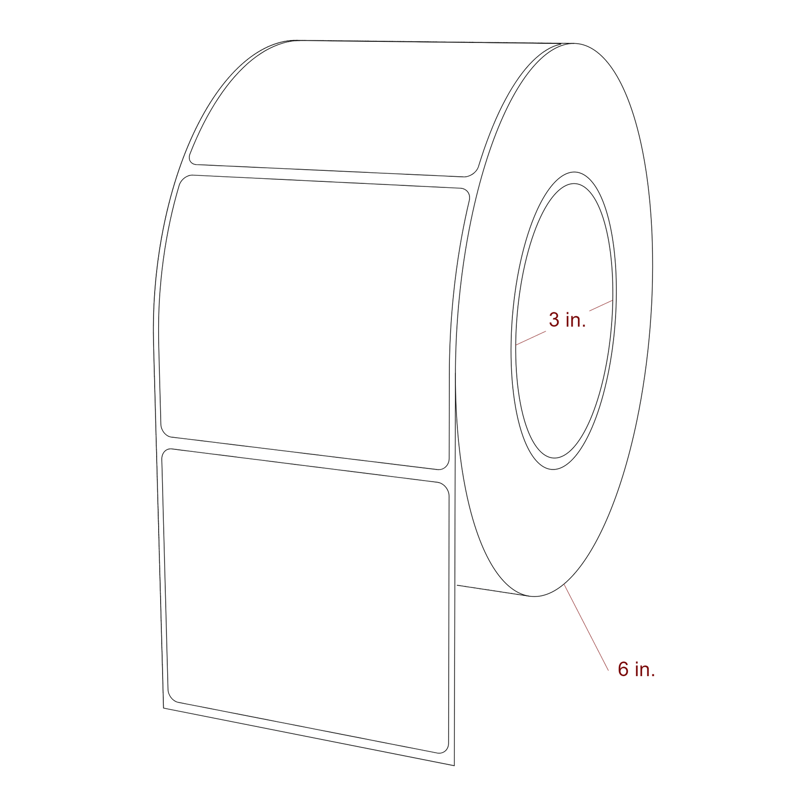 3.25 Inch x 2.75 Inch Rectangle Inkjet Label Roll - 3 Inch Core - 6 Inch Roll OD - 3D Perspective