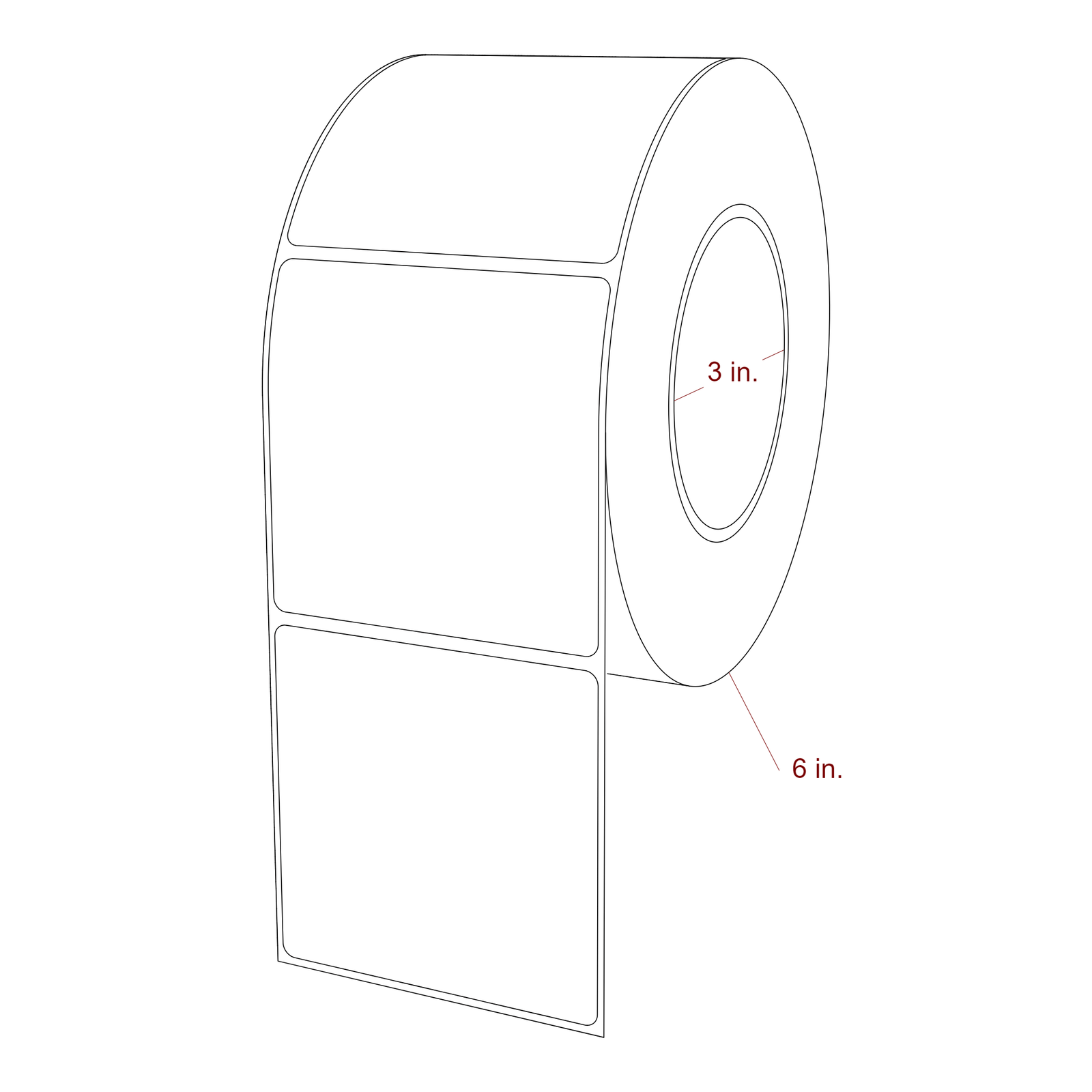 3.25 Inch x 3.25 Inch Rectangle Inkjet Label Roll - 3 Inch Core - 6 Inch Roll OD - 3D Perspective