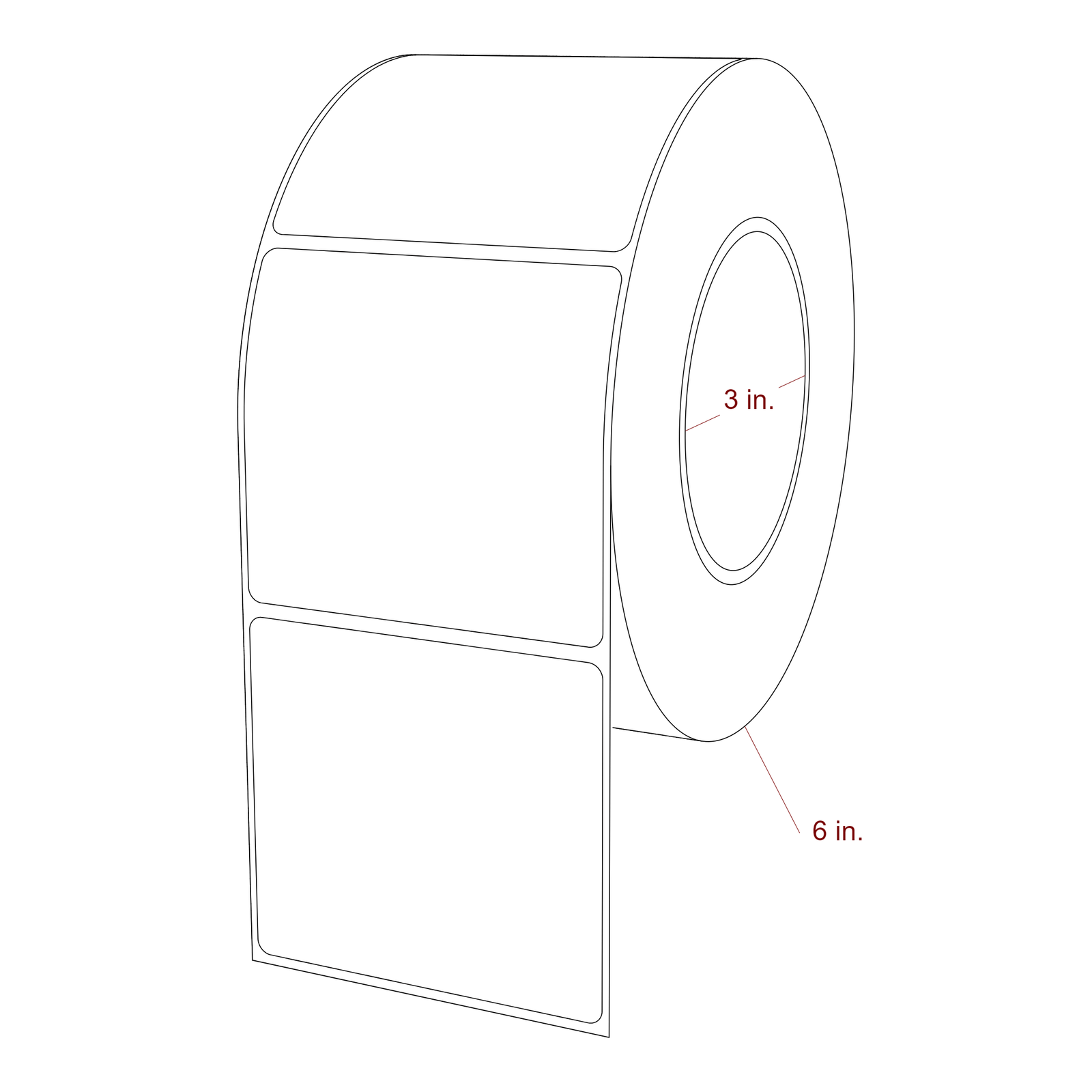 3.25 Inch x 3 Inch Rectangle Inkjet Label Roll - 3 Inch Core - 6 Inch Roll OD - 3D Perspective