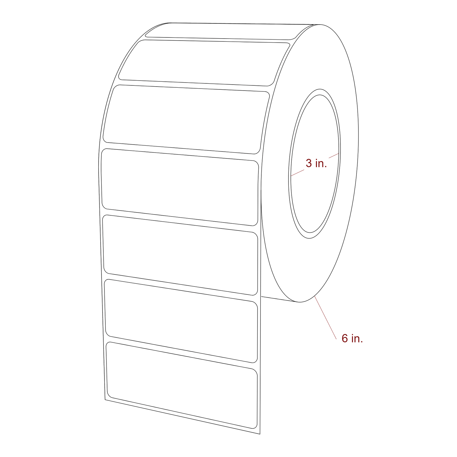 3.5 Inch x 1.25 Inch Rectangle Inkjet Label Roll - 3 Inch Core - 6 Inch Roll OD - 3D Perspective