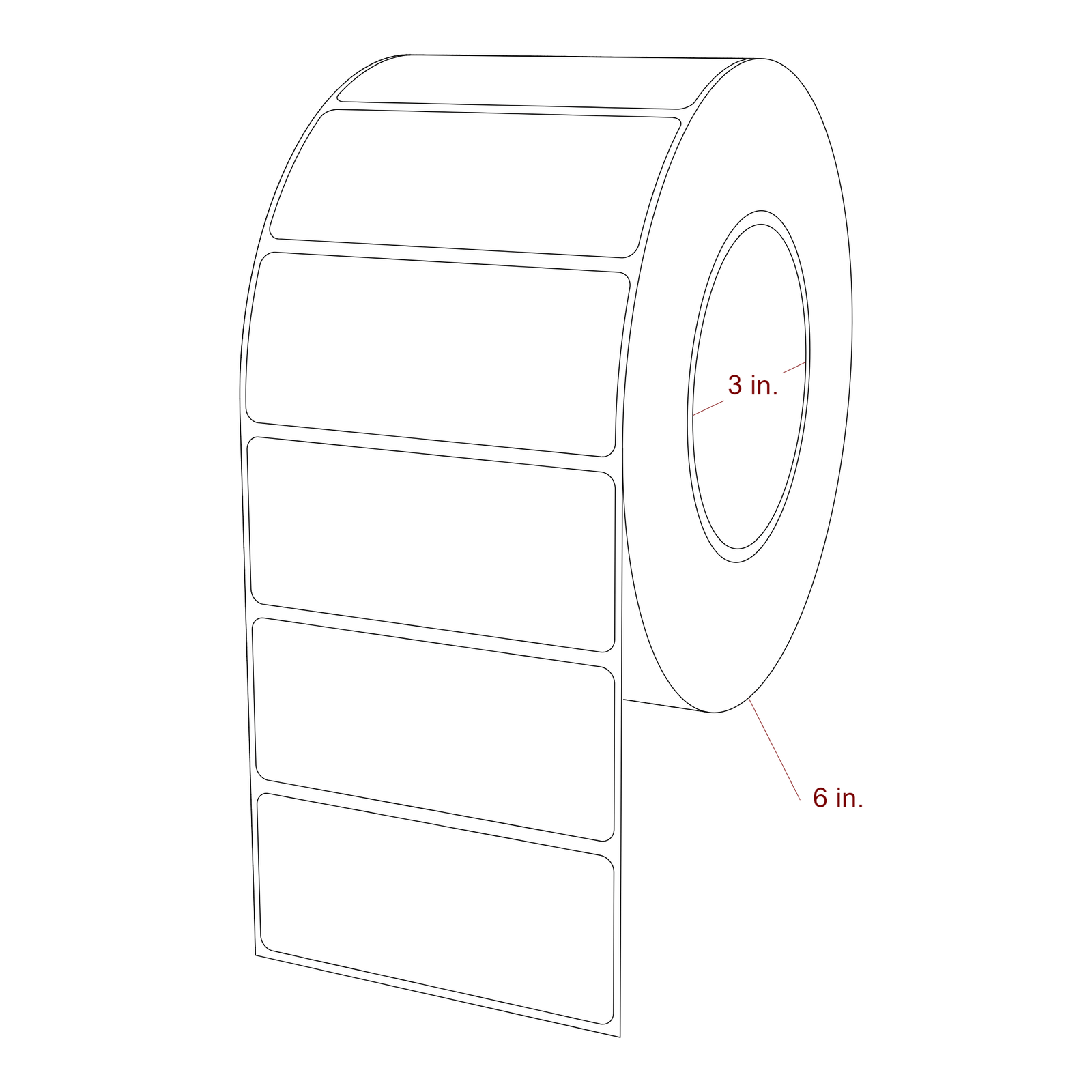 3.5 Inch x 1.5 Inch Rectangle Inkjet Label Roll - 3 Inch Core - 6 Inch Roll OD - 3D Perspective