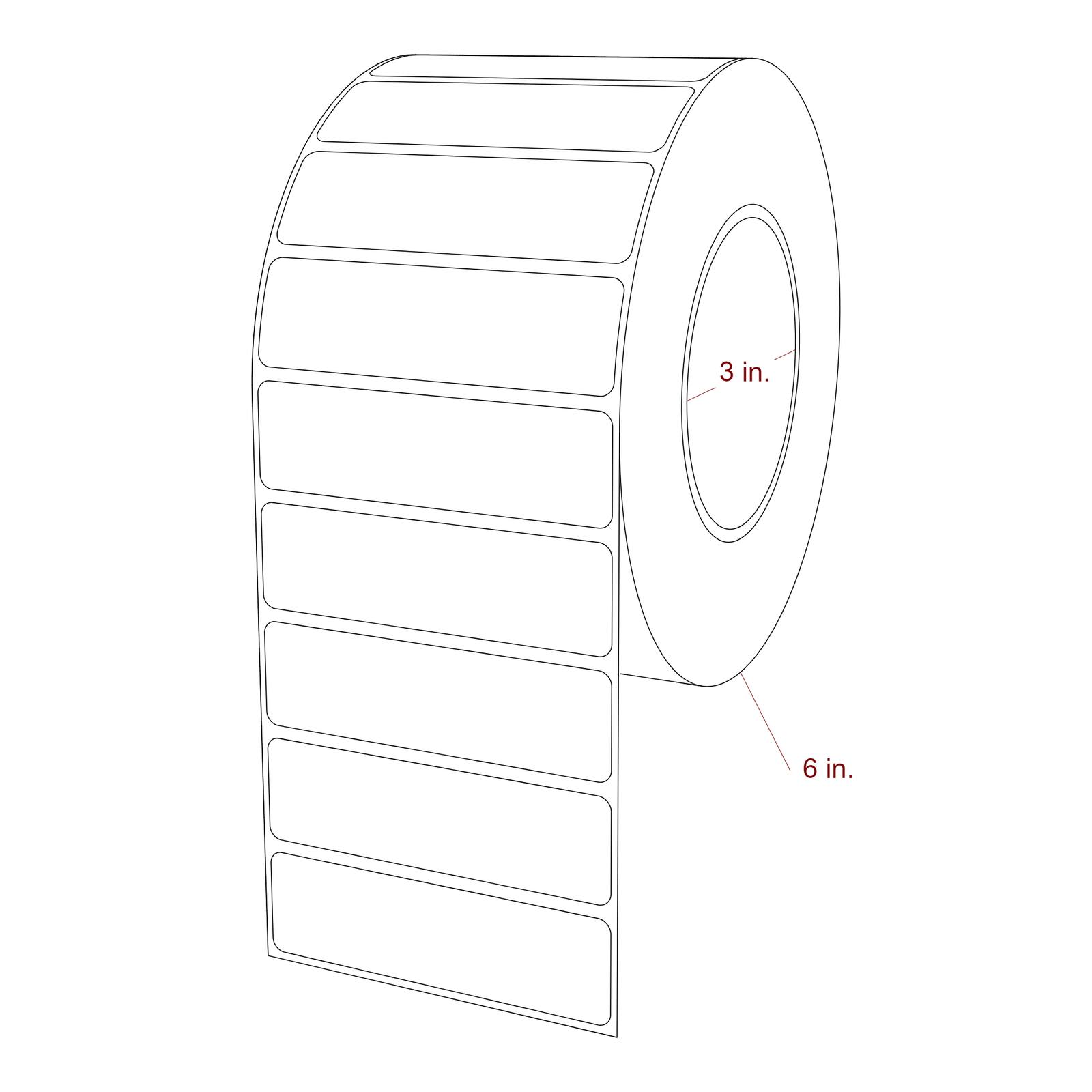3.5 Inch x 1 Inch Rectangle Inkjet Label Roll - 3 Inch Core - 6 Inch Roll OD - 3D Perspective