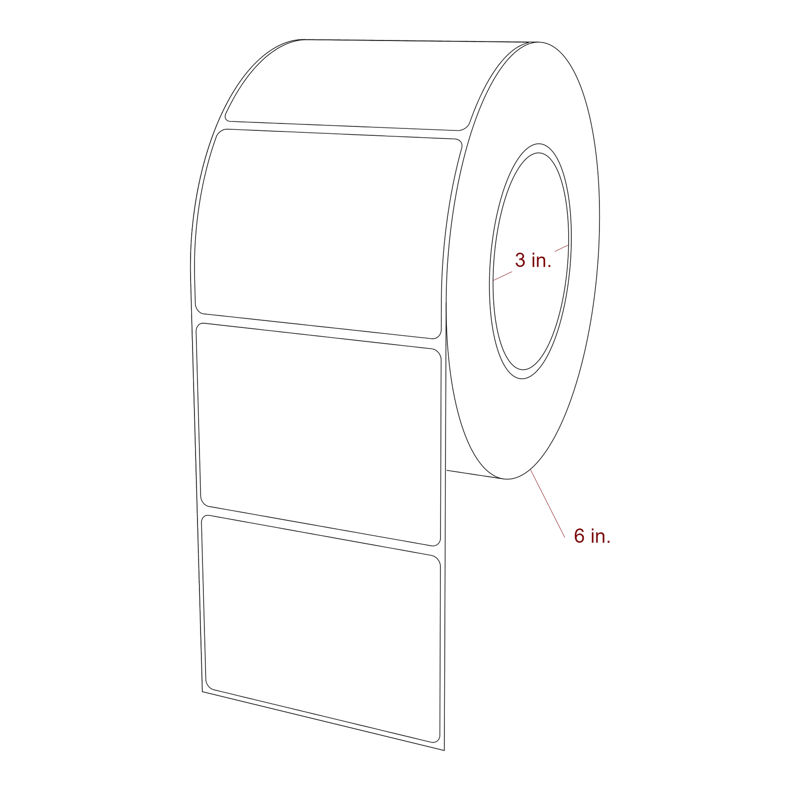 3.5 Inch x 2.5 Inch Rectangle Inkjet Label Roll - 3 Inch Core - 6 Inch Roll OD - 3D Perspective