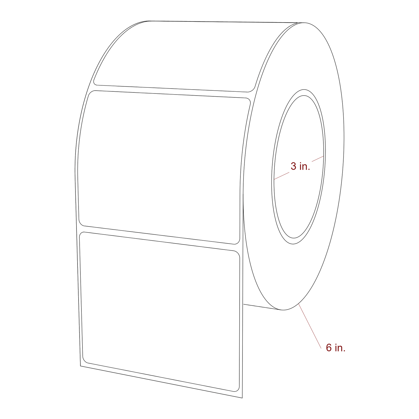 3.5 Inch x 2.75 Inch Rectangle Inkjet Label Roll - 3 Inch Core - 6 Inch Roll OD - 3D Perspective