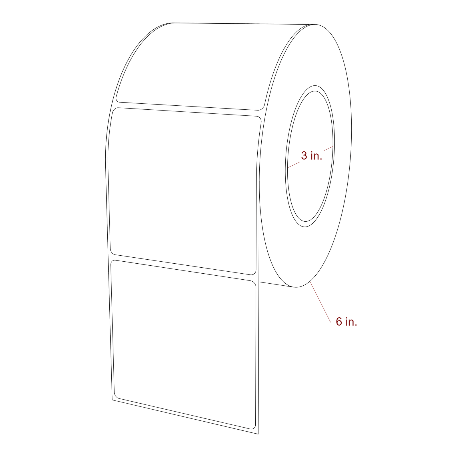 3.5 Inch x 3.25 Inch Rectangle Inkjet Label Roll - 3 Inch Core - 6 Inch Roll OD - 3D Perspective