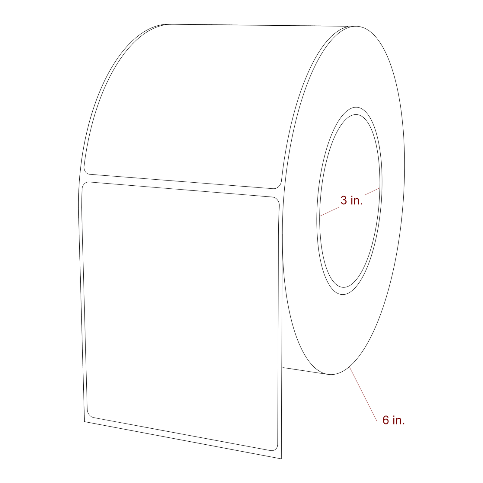 3.5 Inch x 4 Inch Rectangle Inkjet Label Roll - 3 Inch Core - 6 Inch Roll OD - 3D Perspective