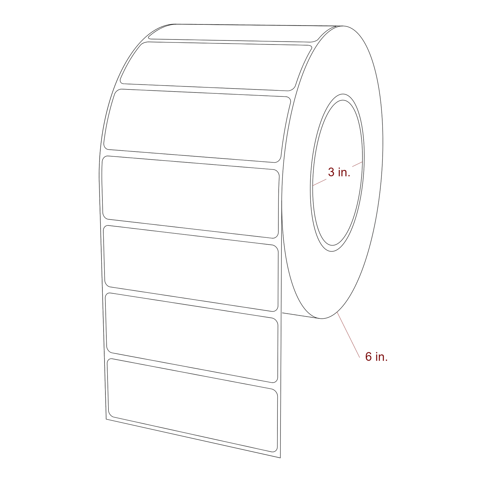 3.75 Inch x 1.25 Inch Rectangle Inkjet Label Roll - 3 Inch Core - 6 Inch Roll OD - 3D Perspective