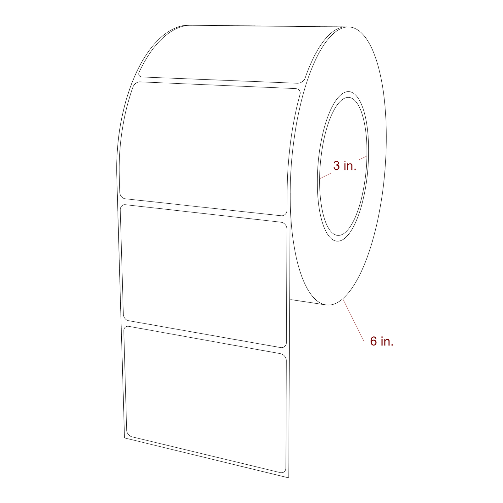 3.75 Inch x 2.5 Inch Rectangle Inkjet Label Roll - 3 Inch Core - 6 Inch Roll OD - 3D Perspective