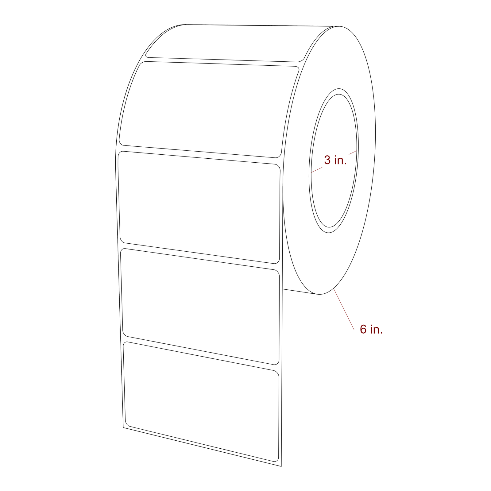 3.75 Inch x 2 Inch Rectangle Inkjet Label Roll - 3 Inch Core - 6 Inch Roll OD - 3D Perspective