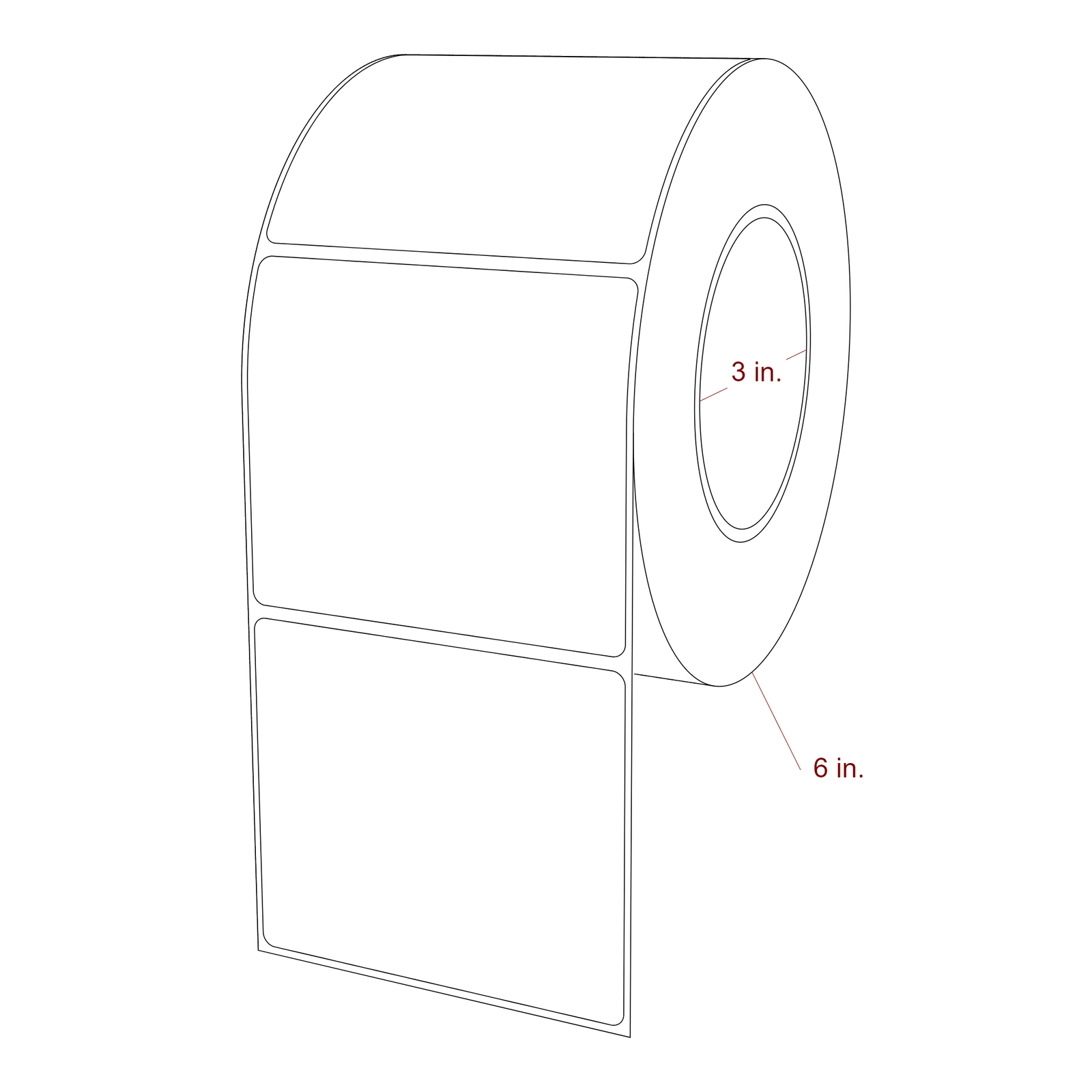 3.75 Inch x 3.25 Inch Rectangle Inkjet Label Roll - 3 Inch Core - 6 Inch Roll OD - 3D Perspective