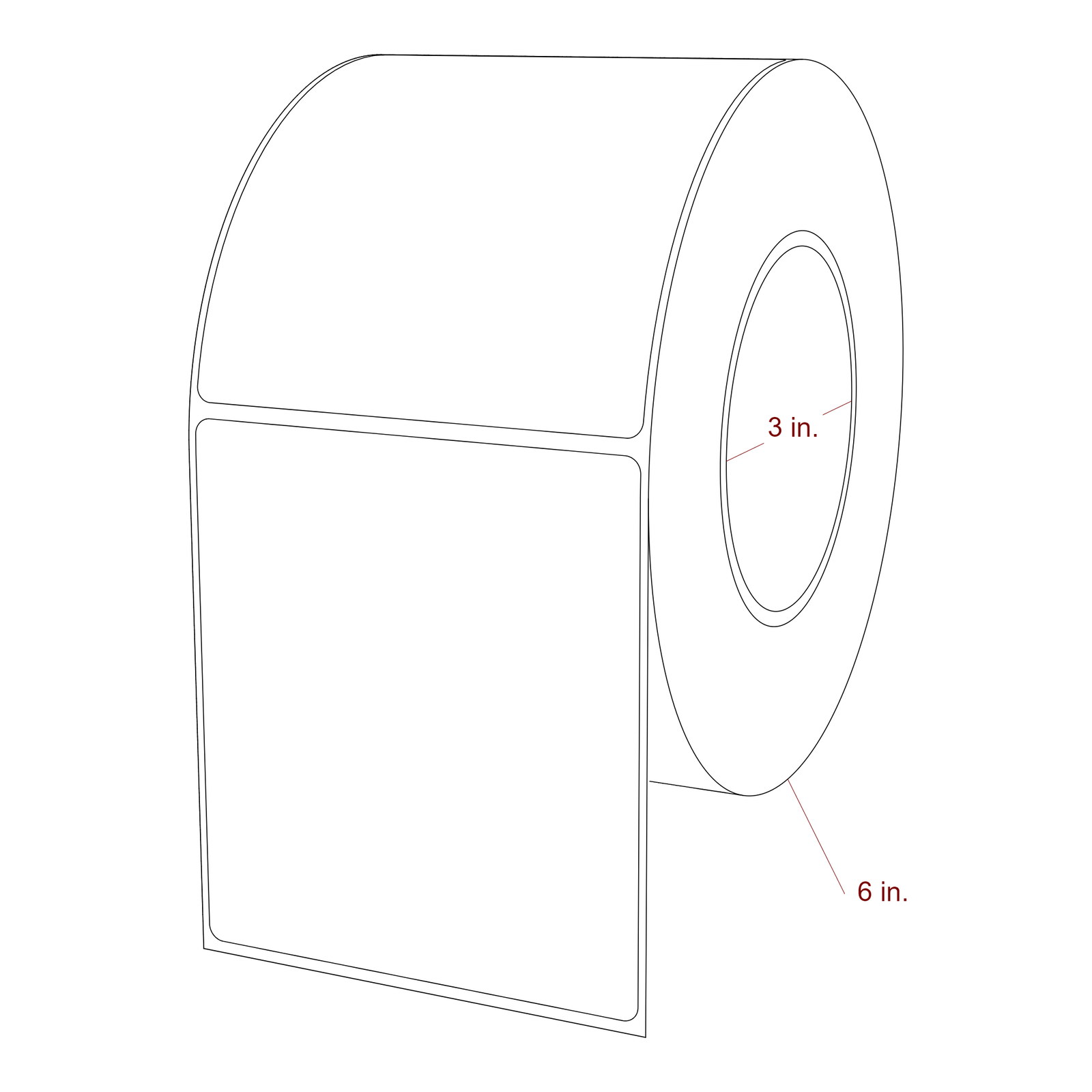 3.75 Inch x 4.25 Inch Rectangle Inkjet Label Roll - 3 Inch Core - 6 Inch Roll OD - 3D Perspective