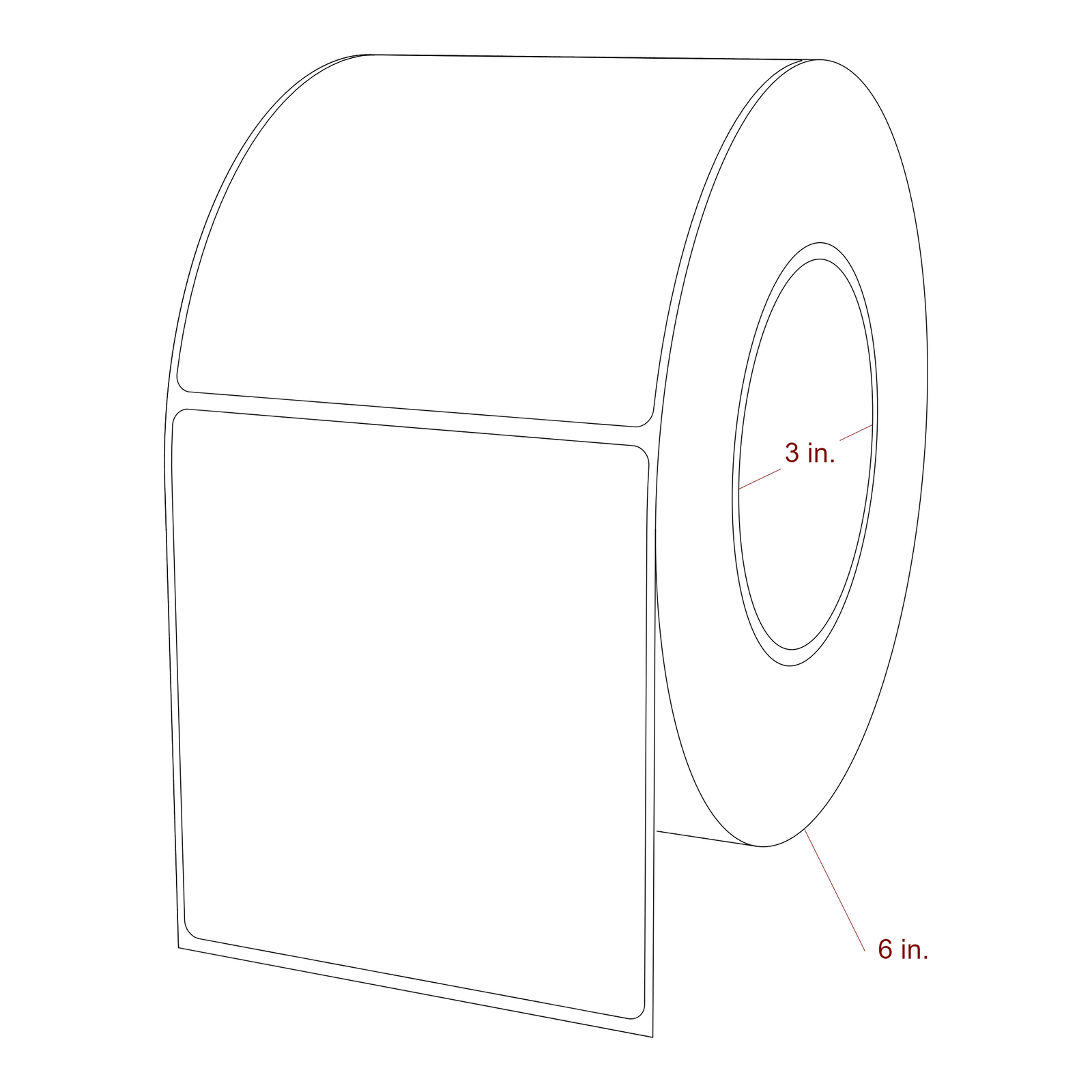 3.75 Inch x 4 Inch Rectangle Inkjet Label Roll - 3 Inch Core - 6 Inch Roll OD - 3D Perspective