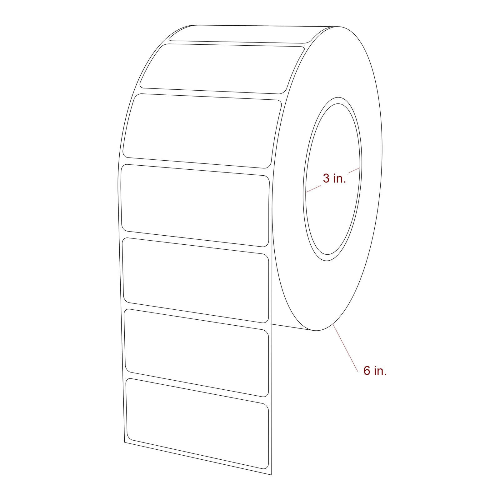 3 Inch x 1.25 Inch Rectangle Inkjet Label Roll - 3 Inch Core - 6 Inch Roll OD - 3D Perspective