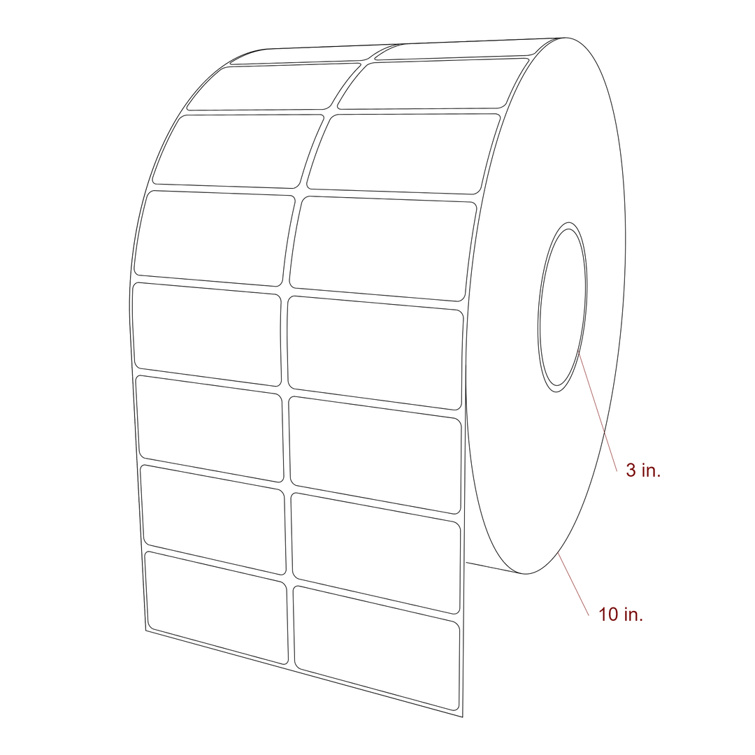 3 Inch x 1.5 Inch Rectangle Inkjet Label Roll - 3 Inch Core - 10 Inch Roll OD - 2Up - 3D Perspective
