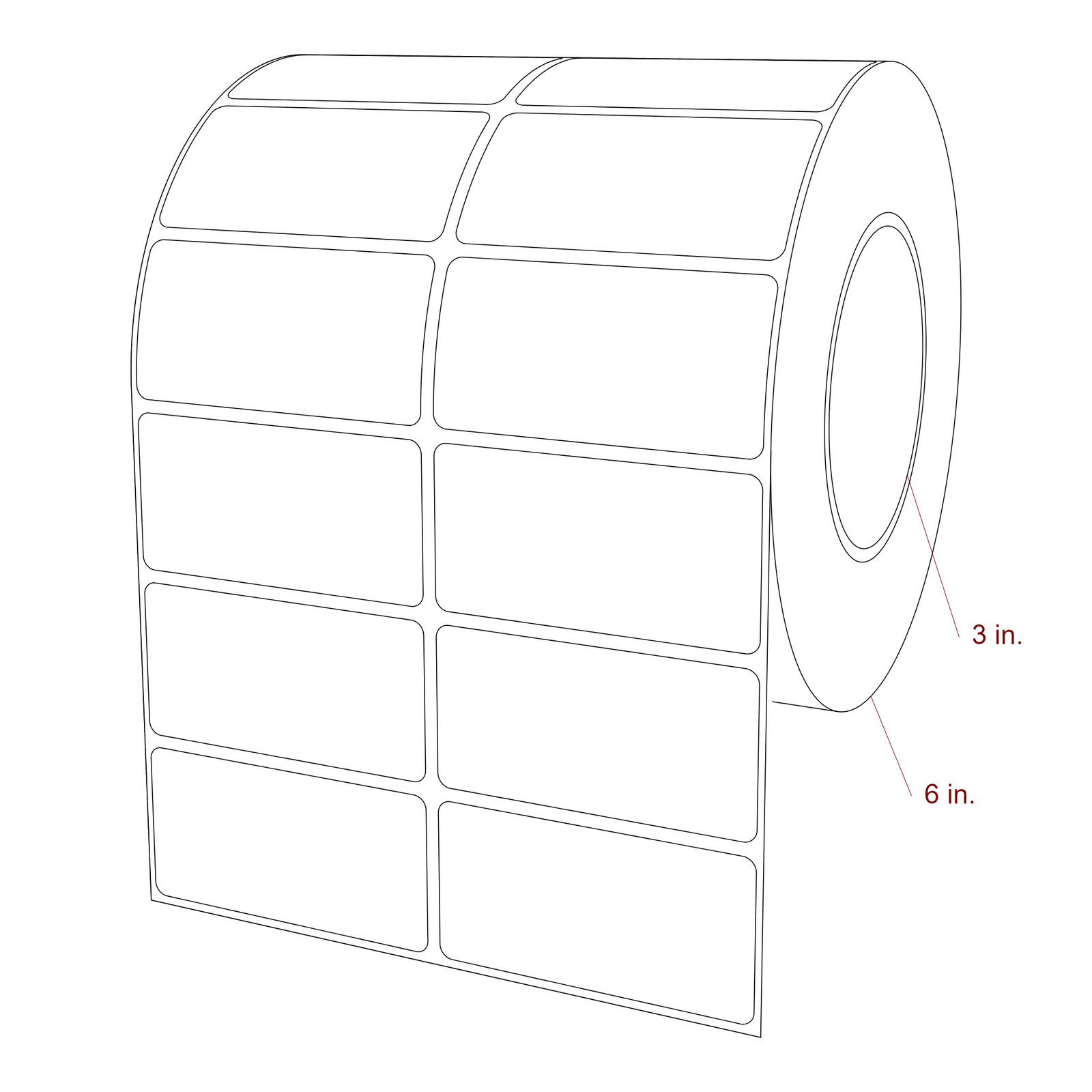 3 Inch x 1.5 Inch Rectangle Inkjet Label Roll - 3 Inch Core - 6 Inch Roll OD - 2Up - 3D Perspective