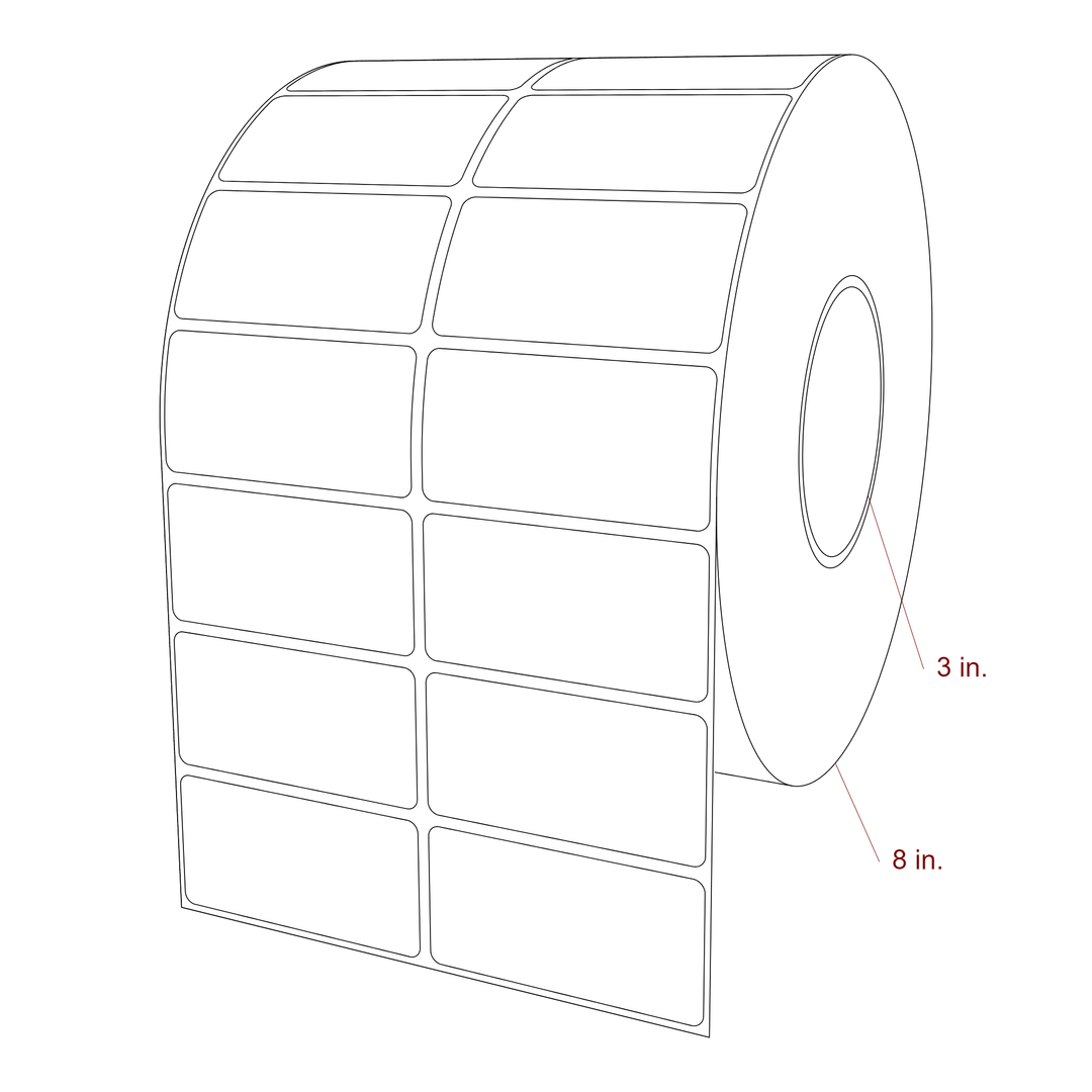 3 Inch x 1.5 Inch Rectangle Inkjet Label Roll - 3 Inch Core - 8 Inch Roll OD - 2Up - 3D Perspective