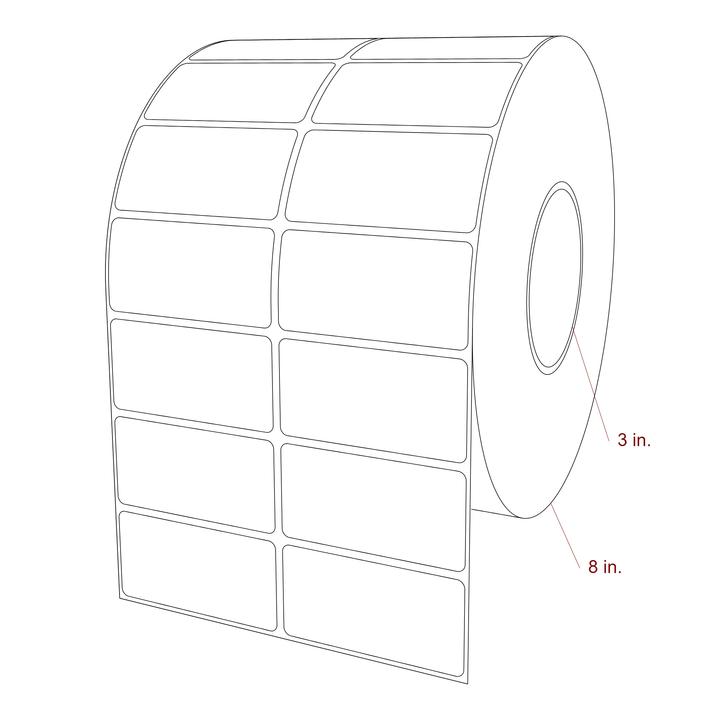 3 Inch x 1.5 Inch Rectangle Inkjet Label Roll - 3 Inch Core - 8 Inch Roll OD - 2Up - 3D Perspective