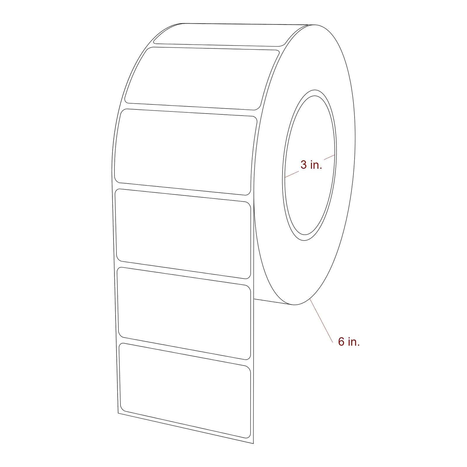 3 Inch x 1.5 Inch Rectangle Inkjet Label Roll - 3 Inch Core - 6 Inch Roll OD - 3D Perspective