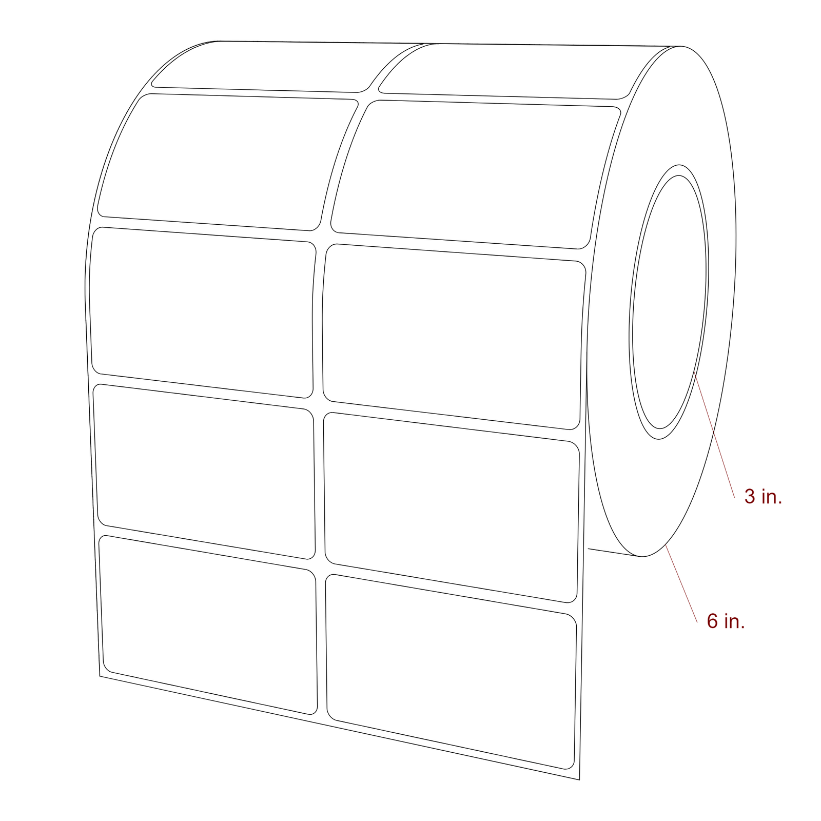 3 Inch x 1.75 Inch Rectangle Inkjet Label Roll - 3 Inch Core - 6 Inch Roll OD - 2Up - 3D Perspective