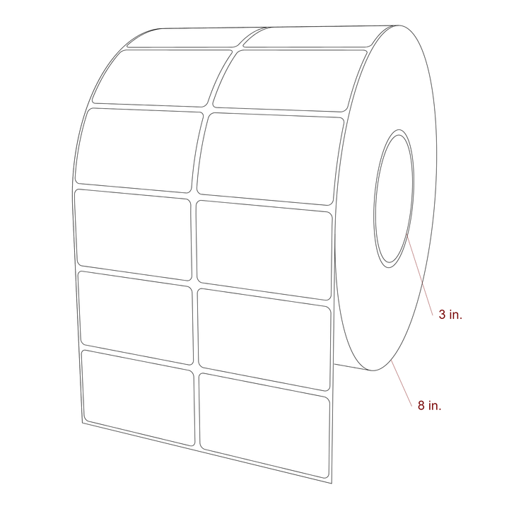 3 Inch x 1.75 Inch Rectangle Inkjet Label Roll - 3 Inch Core - 8 Inch Roll OD - 2Up - 3D Perspective