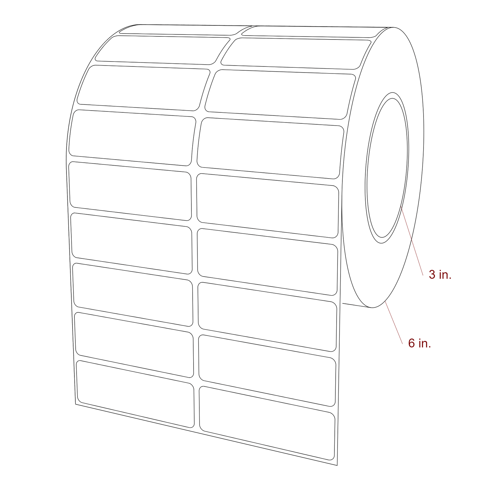 3 Inch x 1 Inch Rectangle Inkjet Label Roll - 3 Inch Core - 6 Inch Roll OD - 2Up - 3D Perspective