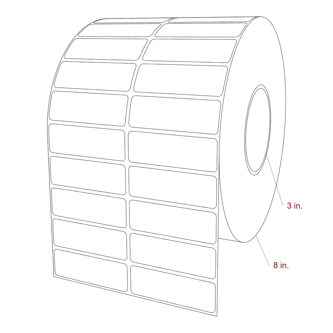 3 Inch x 1 Inch Rectangle Inkjet Label Roll - 3 Inch Core - 8 Inch Roll OD - 2Up - 3D Perspective