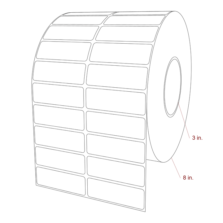 3 Inch x 1 Inch Rectangle Inkjet Label Roll - 3 Inch Core - 8 Inch Roll OD - 2Up - 3D Perspective