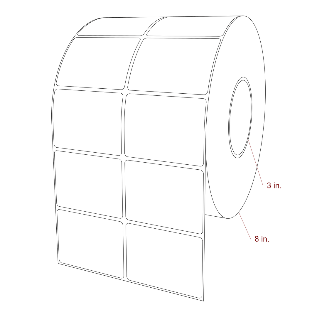 3 Inch x 2.25 Inch Rectangle Inkjet Label Roll - 3 Inch Core - 8 Inch Roll OD - 2Up - 3D Perspective