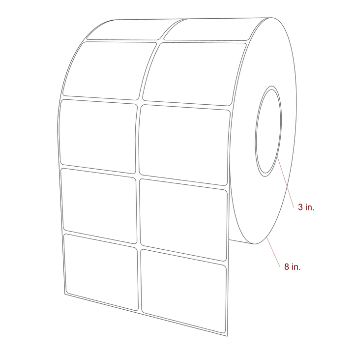 3 Inch x 2.25 Inch Rectangle Inkjet Label Roll - 3 Inch Core - 8 Inch Roll OD - 2Up - 3D Perspective